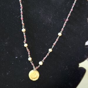 Elegant Carved Ivory Rose Garnet Pearl Beaded 18" Pendant Necklace